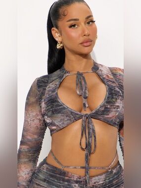 Outcast Ruched Tie-Front Cutout Crop Top in Muted Multicolor